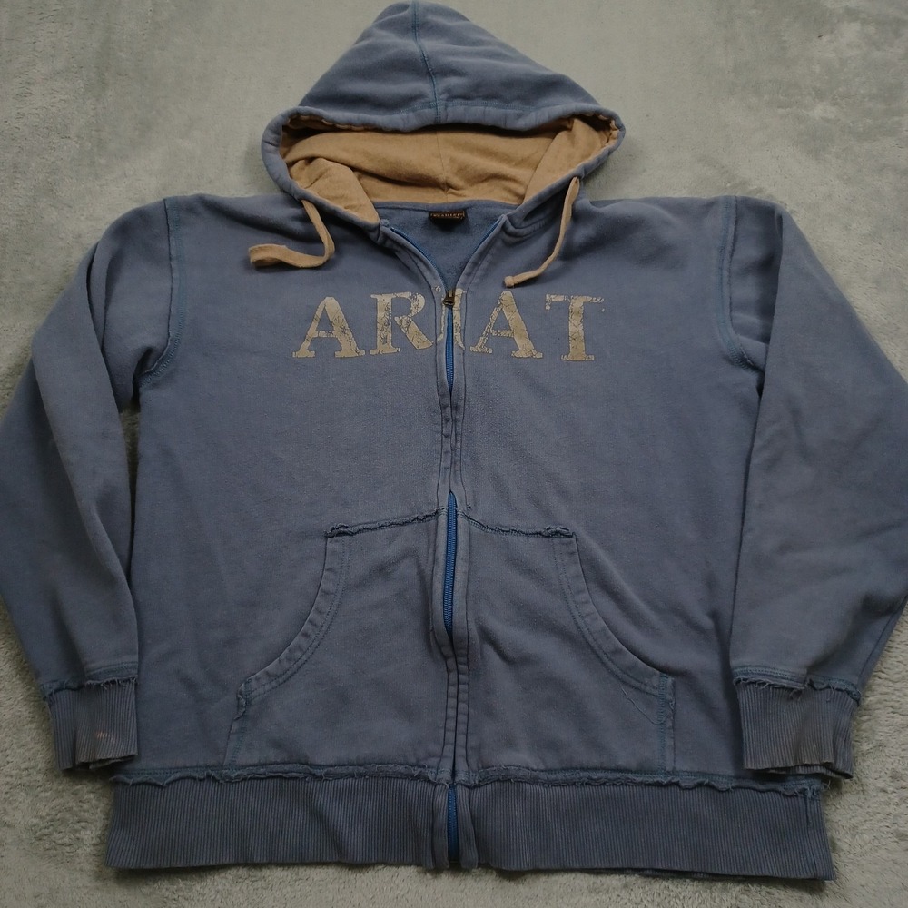 Ariat Sweater Mens Large Blue Zip Up Hooded Workwear Distressed Faded Worn